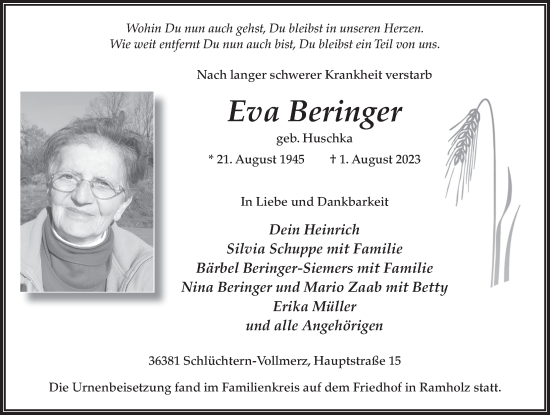 Traueranzeige von Eva Beringer von FZ