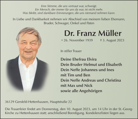 Traueranzeige von Franz Müller von FZ