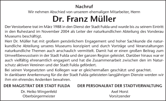 Traueranzeige von Franz Müller von FZ