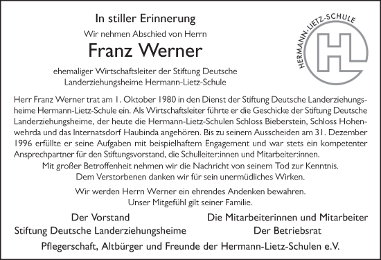 Traueranzeige von Franz Werner von FZ