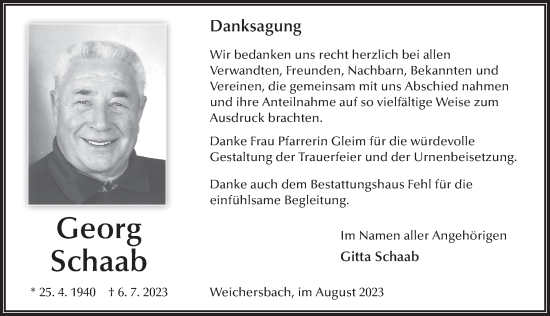 Traueranzeige von Georg Schaab von FZ
