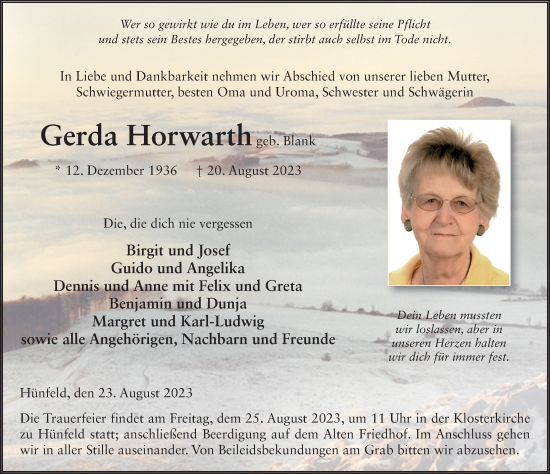 Traueranzeige von Gerda Horwarth von FZ