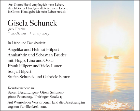 Traueranzeige von Gisela Schunck von FZ