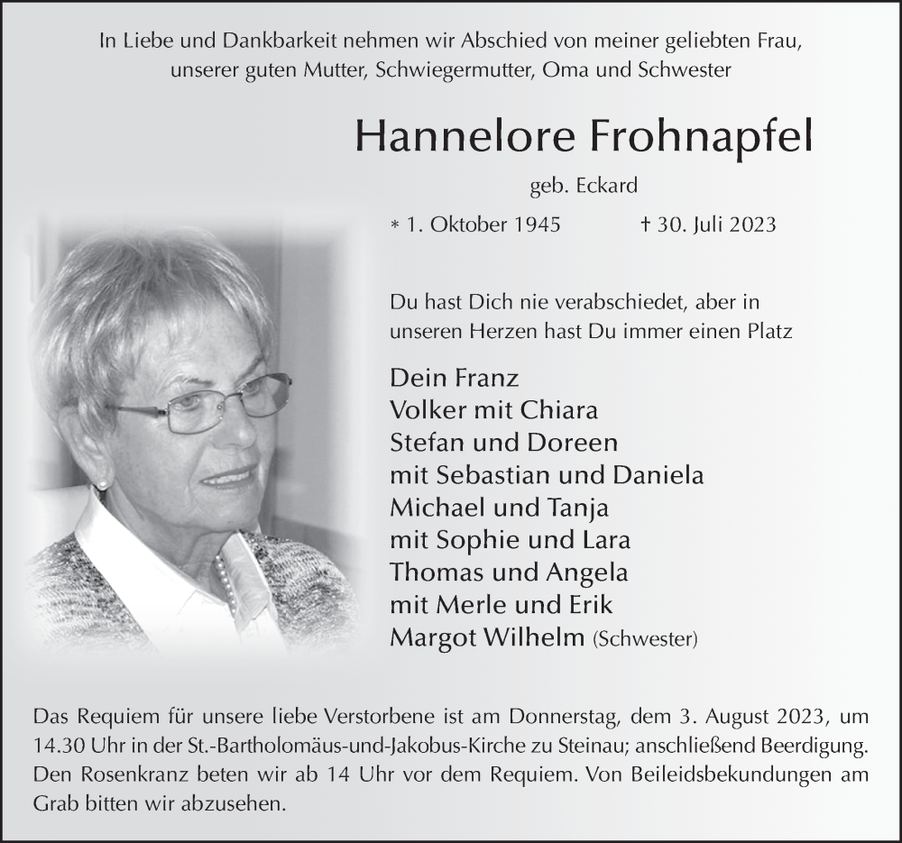 Traueranzeige für Hannelore Frohnapfel vom 01.08.2023 aus FZ