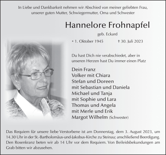 Traueranzeige von Hannelore Frohnapfel von FZ