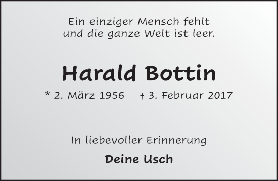 Traueranzeige von Harald Bottin von FZ
