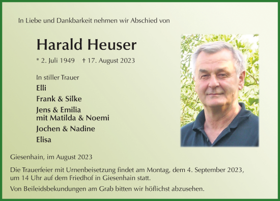 Traueranzeige von Harald Heuser von FZ