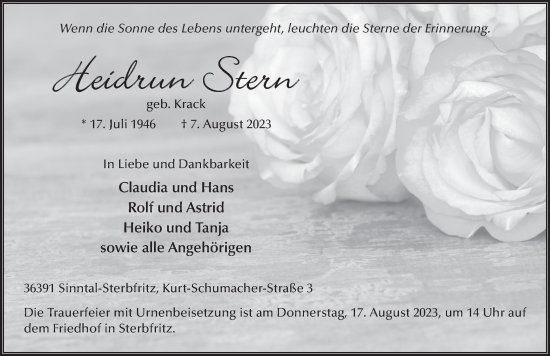 Traueranzeige von Heidrun Stern von FZ