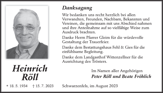 Traueranzeige von Heinrich Röll von FZ