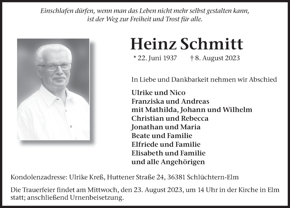  Traueranzeige für Heinz Schmitt vom 19.08.2023 aus FZ