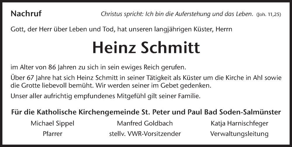  Traueranzeige für Heinz Schmitt vom 19.08.2023 aus FZ