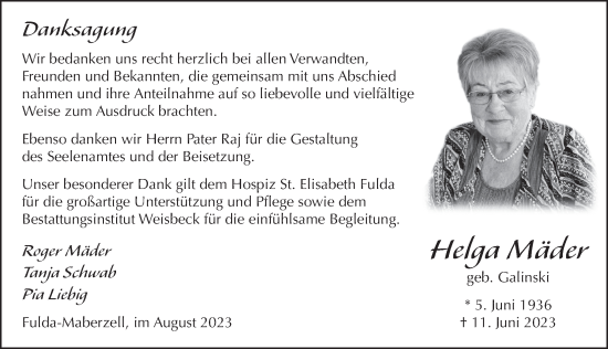 Traueranzeige von Helga Mäder von FZ