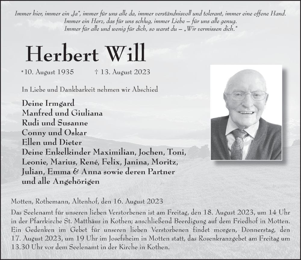  Traueranzeige für Herbert Will vom 16.08.2023 aus FZ
