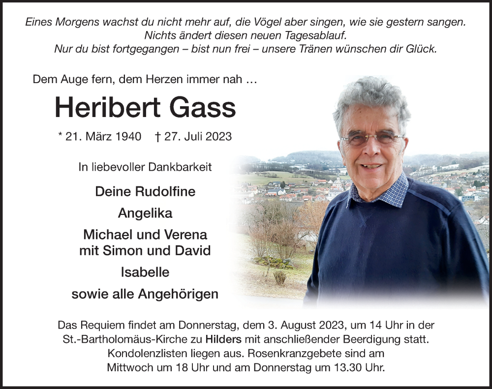  Traueranzeige für Heribert Gass vom 01.08.2023 aus FZ