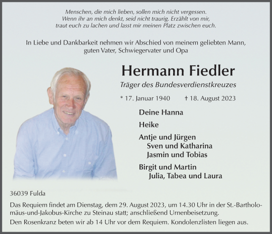 Traueranzeige von Hermann Fiedler von FZ