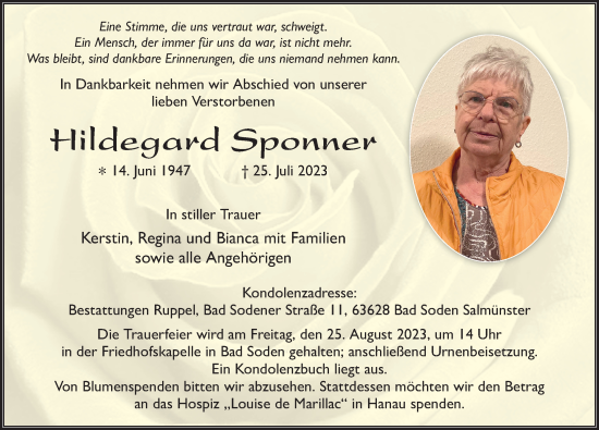 Traueranzeige von Hildegard Sponner von FZ