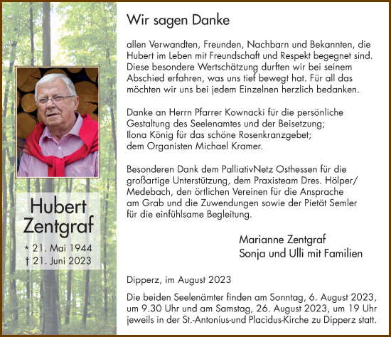 Traueranzeige von Hubert Zentgraf von FZ