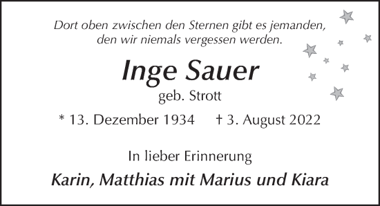 Traueranzeige von Inge Sauer von FZ