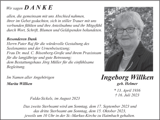 Traueranzeige von Ingeborg Willken von FZ