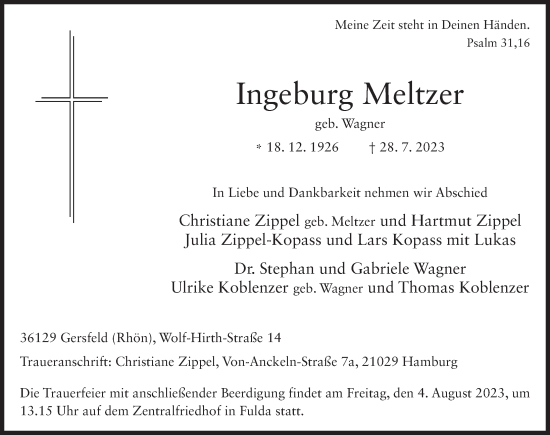 Traueranzeige von Ingeburg Meltzer von FZ