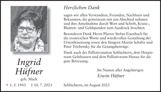 Traueranzeige von Ingrid Hüfner von FZ