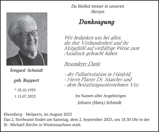 Traueranzeige von Irmgard Schmidt von FZ