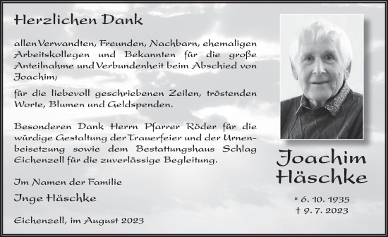 Traueranzeige von Joachim Häschke von FZ