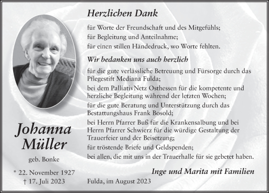 Traueranzeige von Johanna Müller von FZ