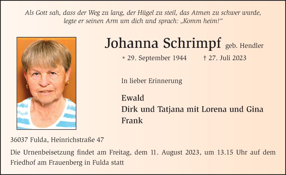  Traueranzeige für Johanna Schrimpf vom 05.08.2023 aus FZ