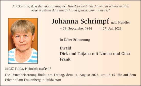 Traueranzeige von Johanna Schrimpf von FZ