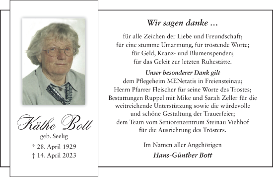 Traueranzeige von Käthe Bott von FZ