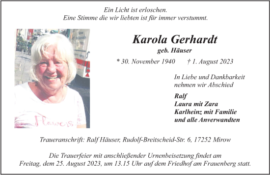 Traueranzeige von Karola Gerhard von FZ