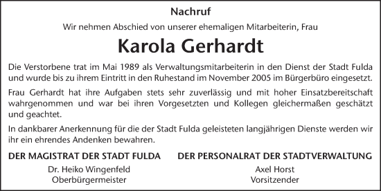 Traueranzeige von Karola Gerhardt von FZ