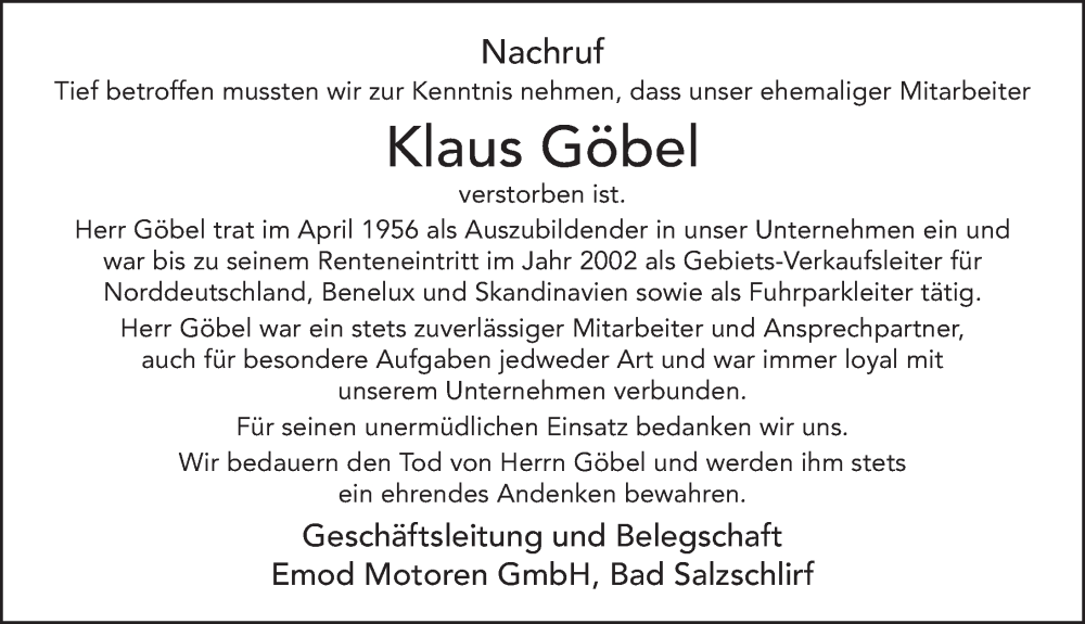  Traueranzeige für Klaus Göbel vom 19.08.2023 aus FZ