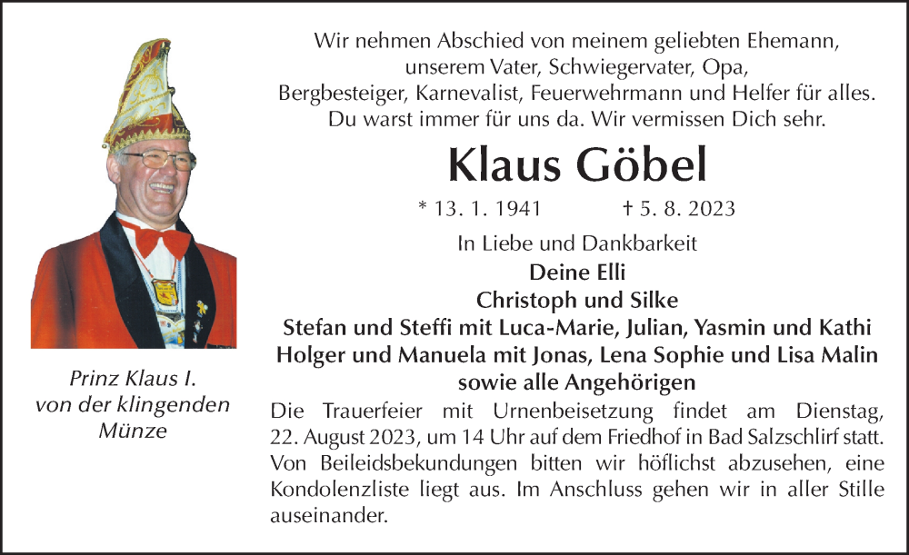  Traueranzeige für Klaus Göbel vom 19.08.2023 aus FZ