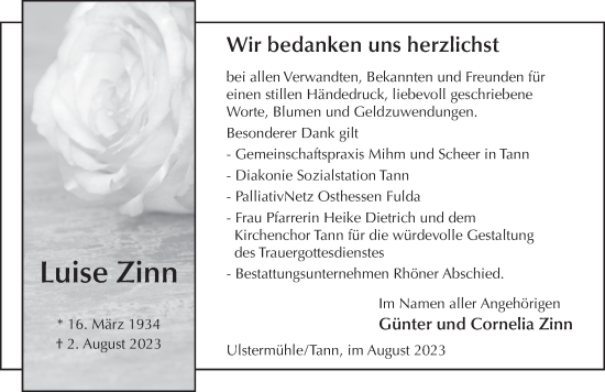 Traueranzeige von Luise Zinn von FZ