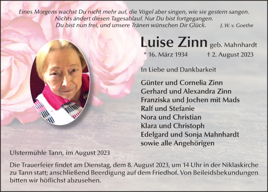 Traueranzeige von Luise Zinn von FZ