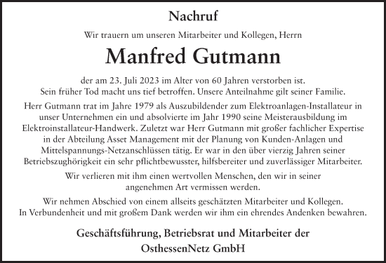 Traueranzeige von Manfred Gutmann von FZ