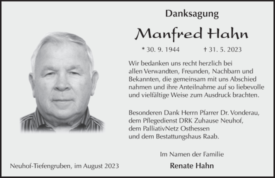 Traueranzeige von Manfred Hahn von FZ