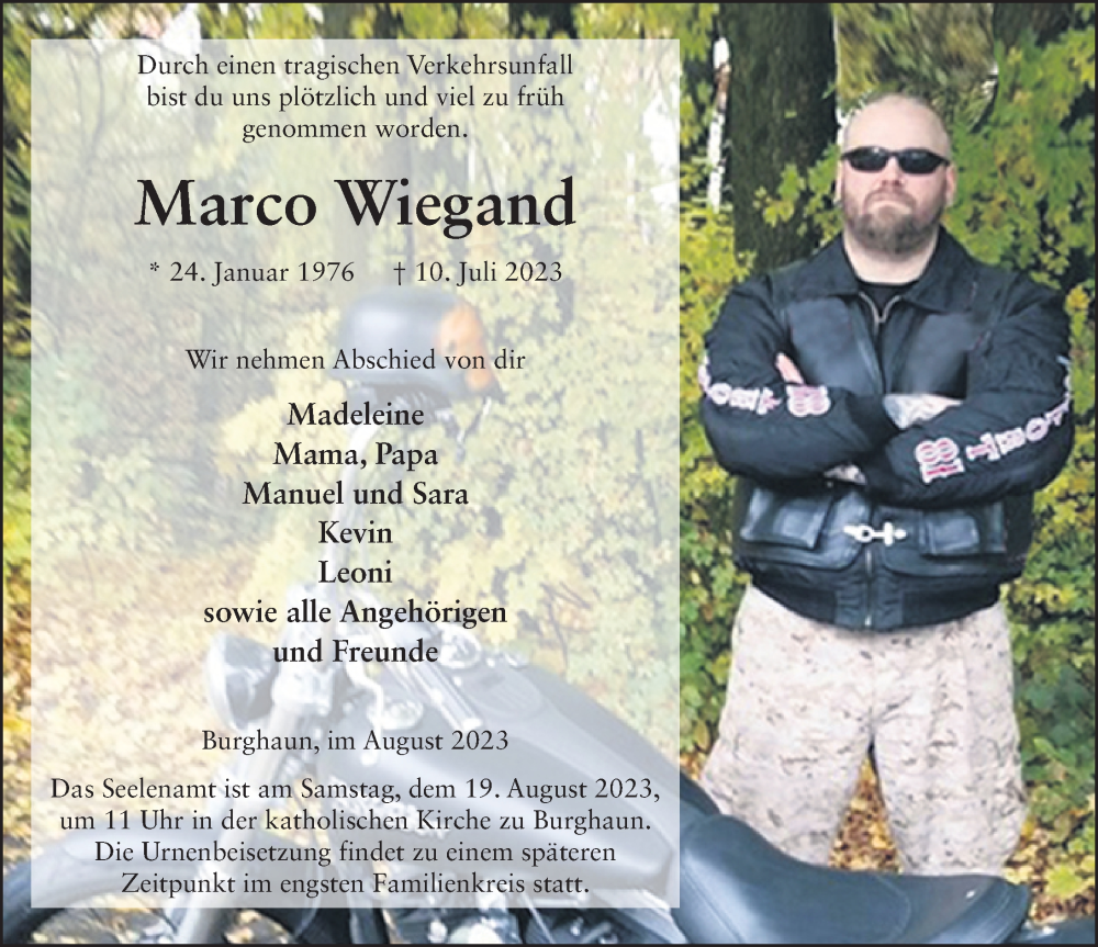  Traueranzeige für Marco Wiegand vom 12.08.2023 aus FZ