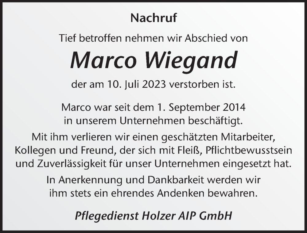  Traueranzeige für Marco Wiegand vom 12.08.2023 aus FZ