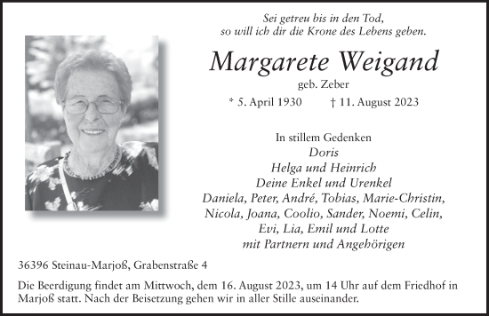 Traueranzeige von Margarete Weigand von FZ