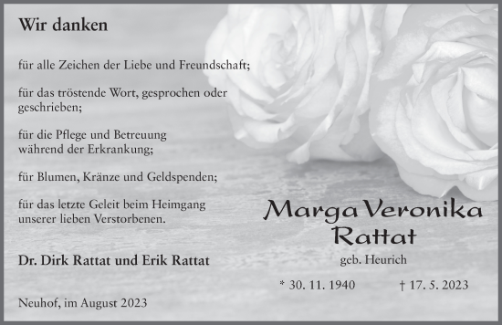 Traueranzeige von Marga Veronika Rattat von FZ