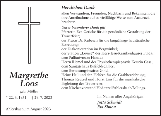 Traueranzeige von Margrethe Loos von FZ