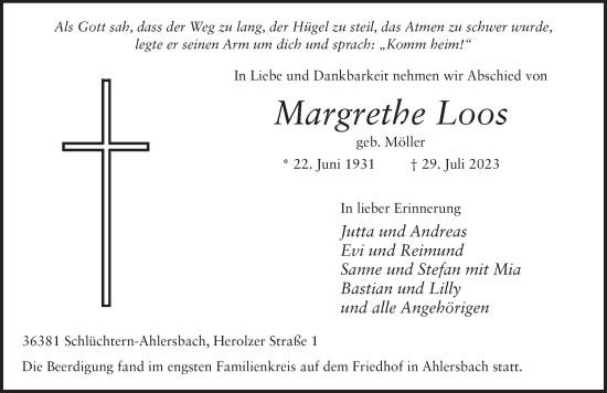 Traueranzeige von Margrethe Loos von FZ