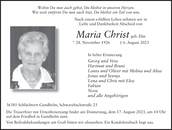 Traueranzeige von Maria Christ von FZ