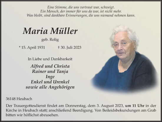 Traueranzeige von Maria Müller von FZ
