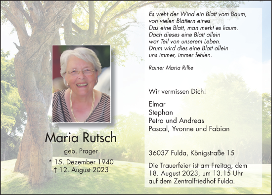 Traueranzeige von Maria Rutsch von FZ