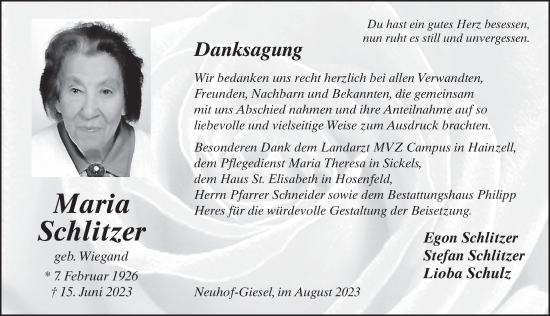 Traueranzeige von Maria Schlitzer von FZ