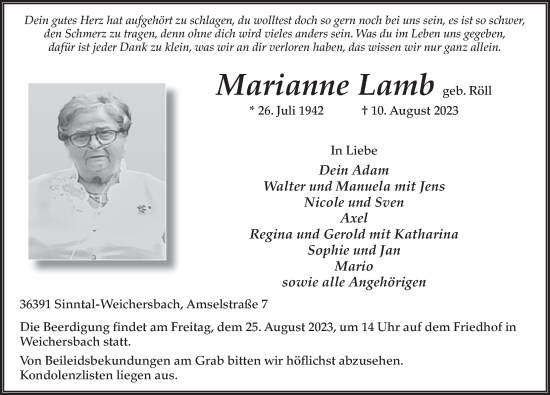 Traueranzeige von Marianne Lamb von FZ